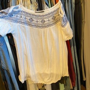 Worn a bit, size small, blue and white.